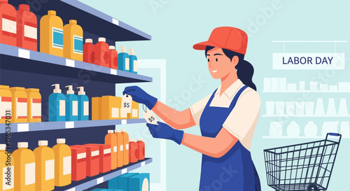 Flat vector illustration of a retail worker in a supermarket attaching price tags to products on a shelf, wearing a blue apron, red cap, and gloves near a Labor Day sign.