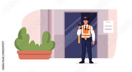 Vector illustration of a male security guard wearing a uniform, cap, and high-visibility orange safety vest while holding a radio transmitter in front of a modern building entrance.