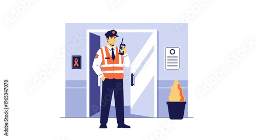 Flat vector illustration of a professional security guard in a uniform with an orange high-visibility vest and cap, standing at an entrance using a walkie-talkie radio for surveillance.
