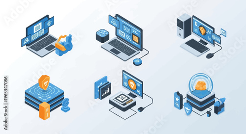 Collection of six isometric 3D technology illustrations featuring laptops, desktop computers, data server hardware with security shields, financial bar charts, and digital network processing units.