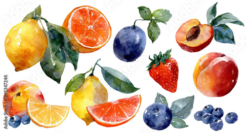 Watercolor painting showcasing a vibrant collection of fresh summer fruits including juicy lemons. Ripe oranges. Sweet strawberries. Succulent peaches. Plump blueberries. And dark plums