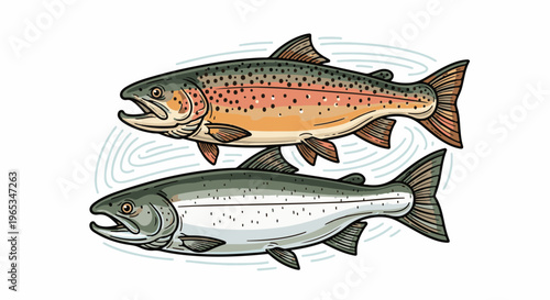 Two stylized fish swimming together with swirling water patterns