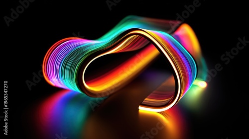 Abstract flowing ribbon of vibrant rainbow colors with a glossy reflective surface