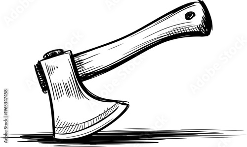 Axe with wooden handle lying on surface, hand drawn vintage tool illustration