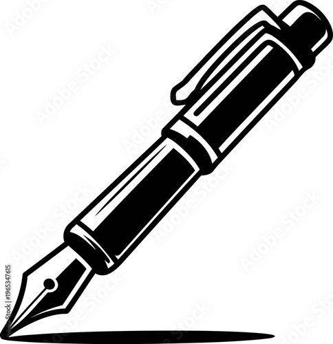 Fountain pen drawing with ink nib and cap clip, elegant writing instrument for calligraphy and handwriting