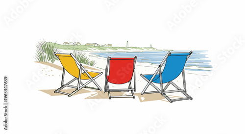 Three colorful chairs await visitors on a sandy beach by the serene blue water
