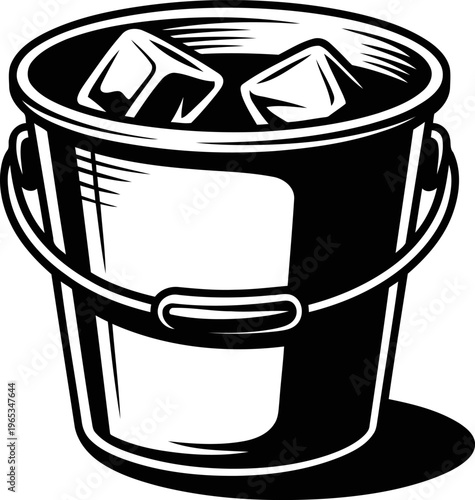 Ice bucket filled with large ice cubes, metal container with handle for chilling beverages