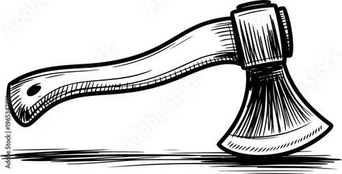 Hand drawn vintage axe with wooden handle, carpenter tool illustration, rustic woodworking equipment for cutting and chopping