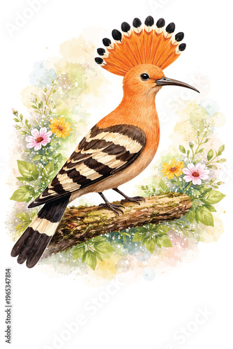 Pair of budgies perched on branches near water, rocks, and mushrooms: nature illustration