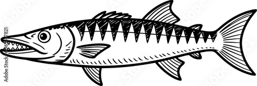 Detailed black and white illustration of a barracuda fish with sharp teeth and patterned body