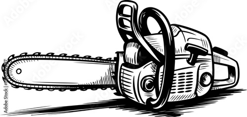 Chainsaw illustration with detailed blade, motor, handle, and safety features for cutting wood and forestry work