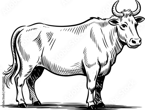 hand drawn cow illustration with detailed fur texture and horns, standing sideways on a white background