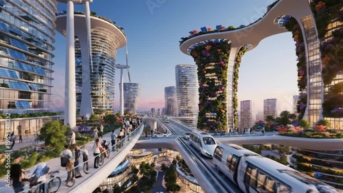 Futuristic city with vertical gardens, solar panels, and elevated transport