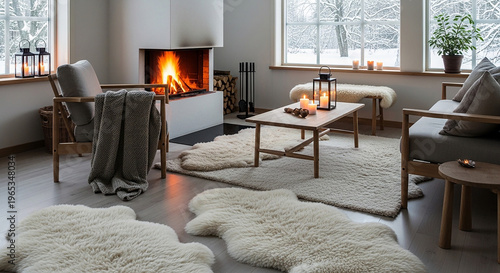 Cozy Scandinavian Living Room with Burning Fireplace and Winter View