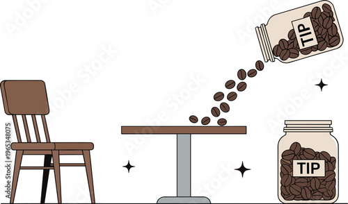 Minimal coffee shop tip jar concept with falling coins table chair and cafe interior elements vector set