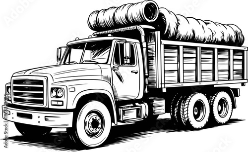 Classic heavy duty flatbed truck carrying rolled industrial materials, vintage cargo transport illustration