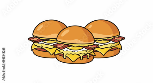 Three delicious breakfast sandwiches with cheese, bacon and eggs on buns