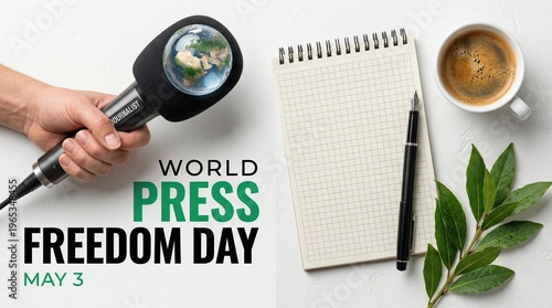 World press freedom day may 3rd journalist's desk with microphone notebook pen coffee cup and green leaves on white background symbolizing free speech and media independence