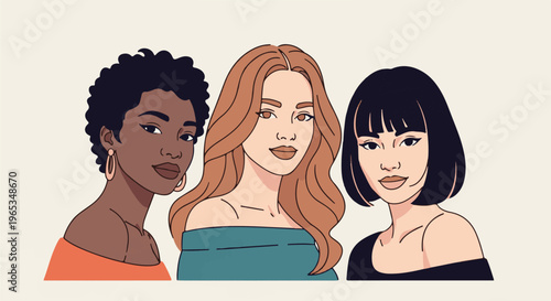 Three diverse women with different hairstyles and skin tones, facing forward