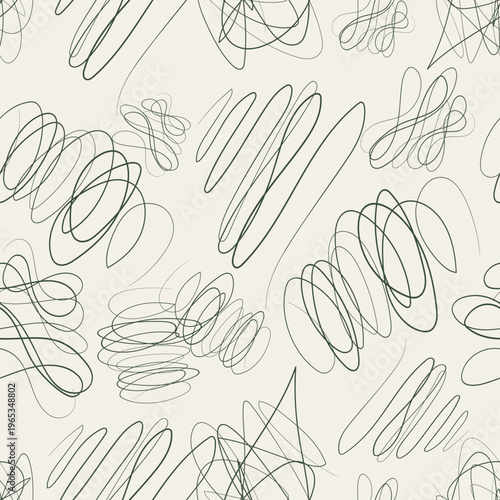 Eco Friendly Forest Green Seamless Pattern on Linen Background, Hand Drawn Vector Scribble Texture, Organic Abstract Doodle for Botanical Branding Design