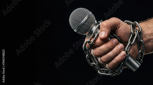 Hand holding microphone wrapped in metal chains on black background symbolizing restricted freedom of speech and silenced voices in a dramatic gesture