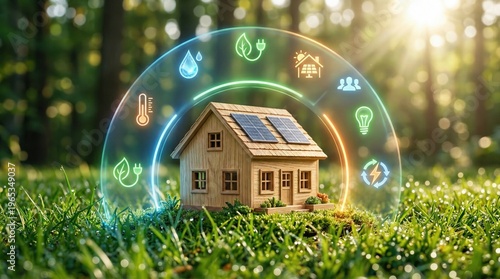 Eco friendly house with solar panels and sustainability icons in a green forest