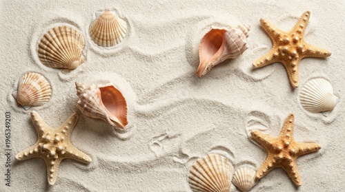 Starfish and seashells on sandy beach with natural lighting and texture summer vacation concept