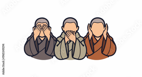 Three figures in robes covering their eyes, mouth, and ears