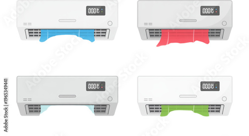 Four different colored air conditioning units displayed side by side Vector