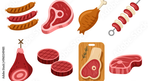 Assorted cuts of cooked meat including sausages, bacon, and ham Vector