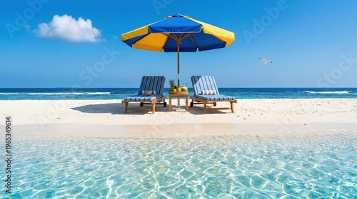 Serene beach scene with blue and yellow umbrella two lounge chairs on white sand crystal clear turquoise water and a clear blue sky with a single cloud