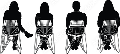 Back view silhouettes of people sitting on modern wire chairs for office waiting rooms, business seminars, audience rows, and contemporary interior design vector projects.