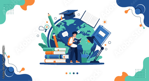 Student reading a book surrounded by global education symbols including a globe, graduation cap, and stack of textbooks.