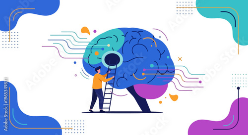 Small person climbs a ladder toward a glowing access point on a giant stylized human brain to represent cognitive enhancement and deep understanding.