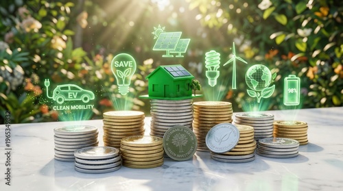 Eco friendly home savings concept with green house and coins on marble table outdoors