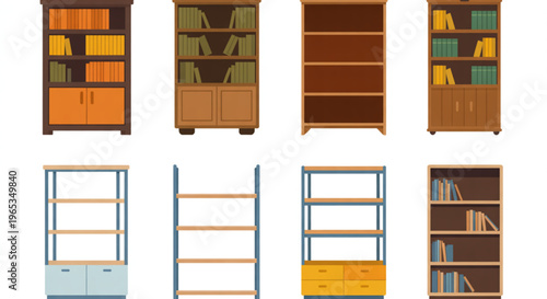 Various styles of wooden and modern kitchen cabinets in different configurations Vector