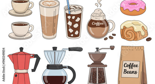 Assorted coffee brewing methods and beverages displayed together Vector