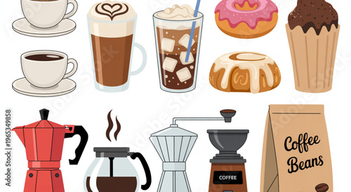 Assorted coffee and dessert items including drinks, donuts, and coffee makers Vector