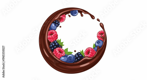 Swirling chocolate frame adorned with fresh berries and green leaves