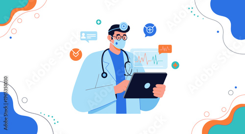 Doctor wearing a mask analyzes digital health data and vital signs displayed on a futuristic tablet device in a modern clinical environment.