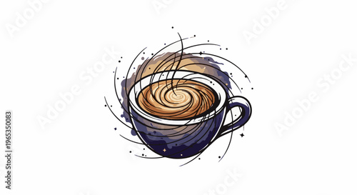 Swirling coffee in a dark cup with abstract energetic lines