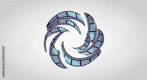 Swirling film strips form a circular vortex with blue and purple hues