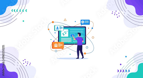 Developer interacts with a large digital interface displaying user profiles and data points, representing web development or application management.