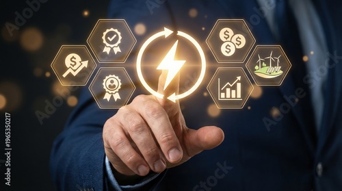Businessman touching glowing lightning bolt icon surrounded by financial and achievement symbols on hexagons in a dark background with bokeh lights representing innovation and success