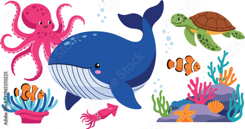 "Colorful Cartoon Sea Animals Set with Whale, Octopus, Turtle, Fish, and Coral Reef Underwater Scene"