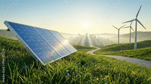Renewable energy sources on a green hillside with solar panels and wind turbines at sunrise