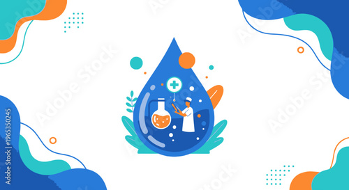 Medical professional examines a chemical reaction inside a large water drop symbol representing health research and liquid science innovation.