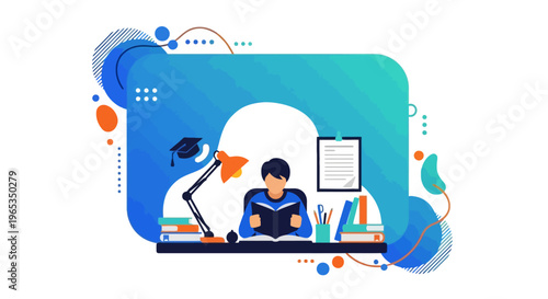 Student studying diligently at a desk with a lamp and graduation cap nearby illustrates focused academic achievement and learning.