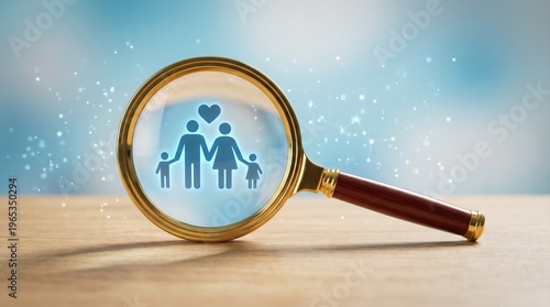 Magnifying glass with family icon and heart on a wooden table with blue background and bokeh effect