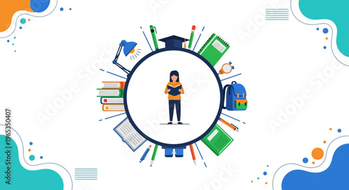 Student surrounded by academic supplies represents the comprehensive concept of focused learning and educational achievement.